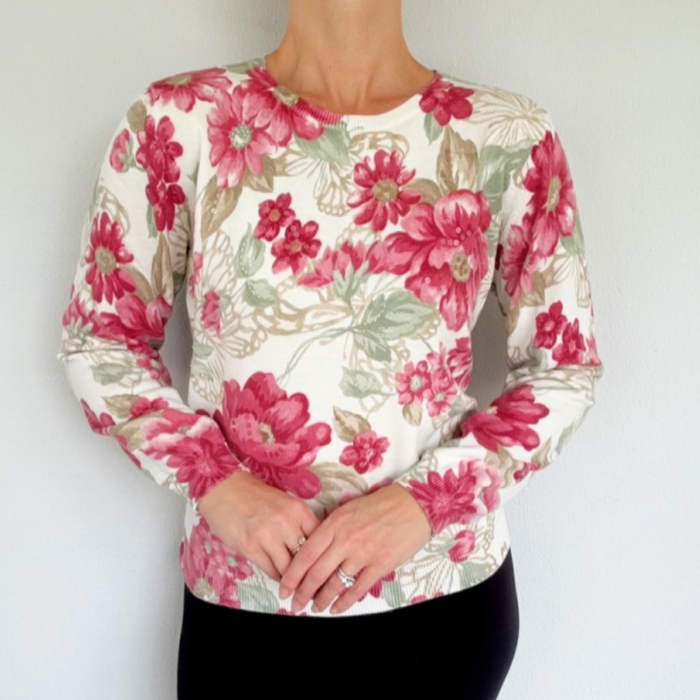 Alfred Dunner Petite pink cream floral print sequin embroidered sweater large